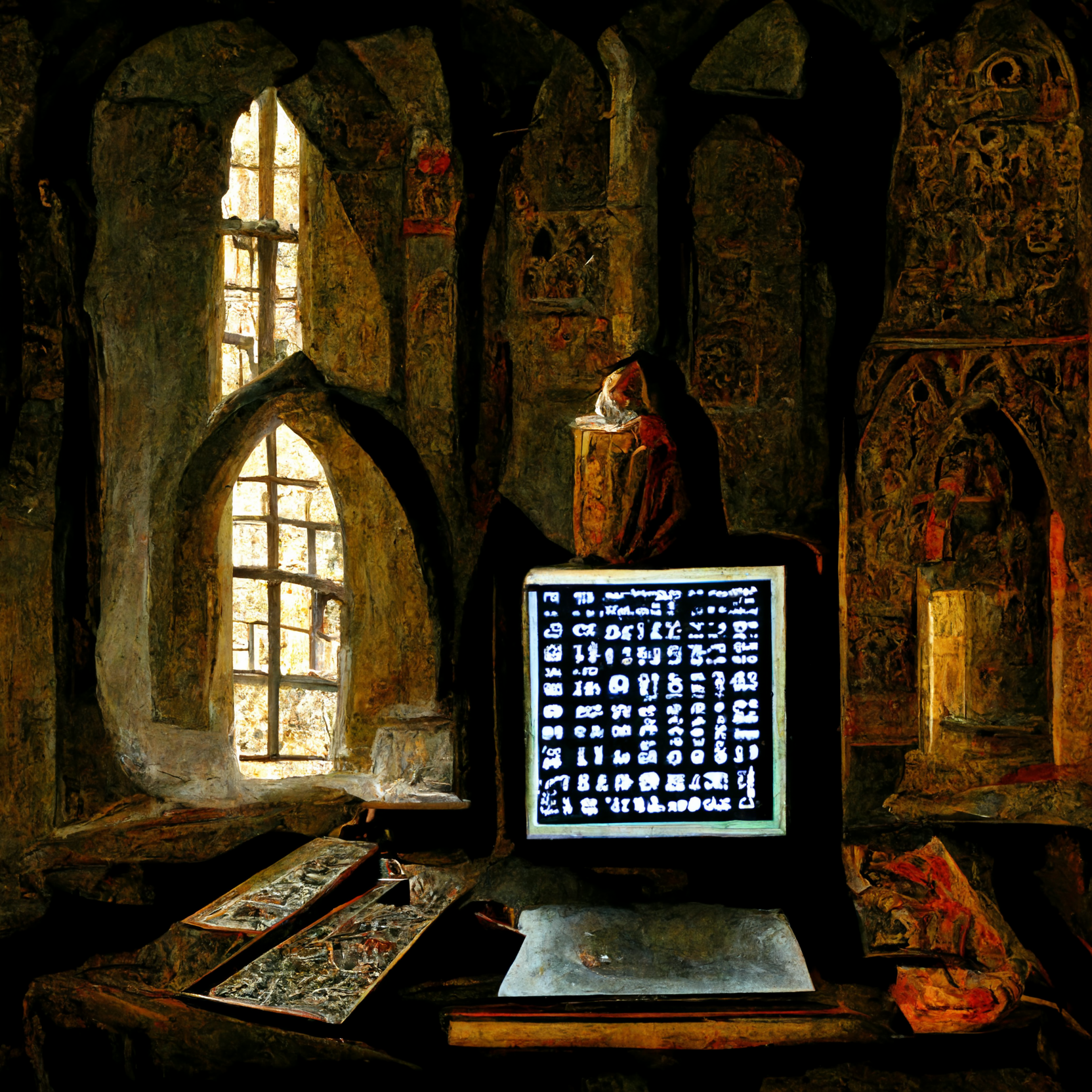 An image created by MidJourney Bot using the prompt "medieval_style_computer_program."